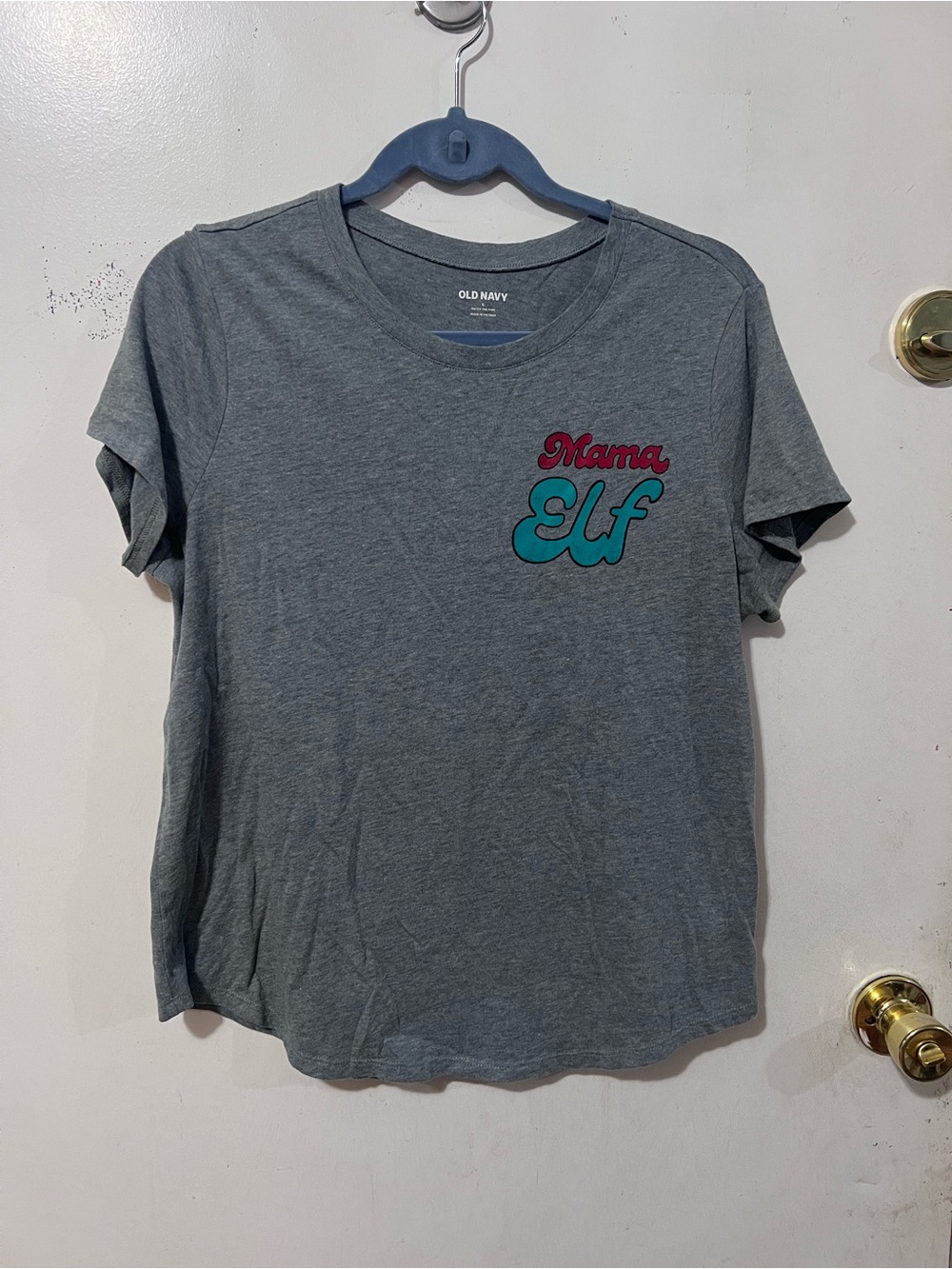 Old Navy Gray Tee with Teal and Red 'Mama Elf' Graphic